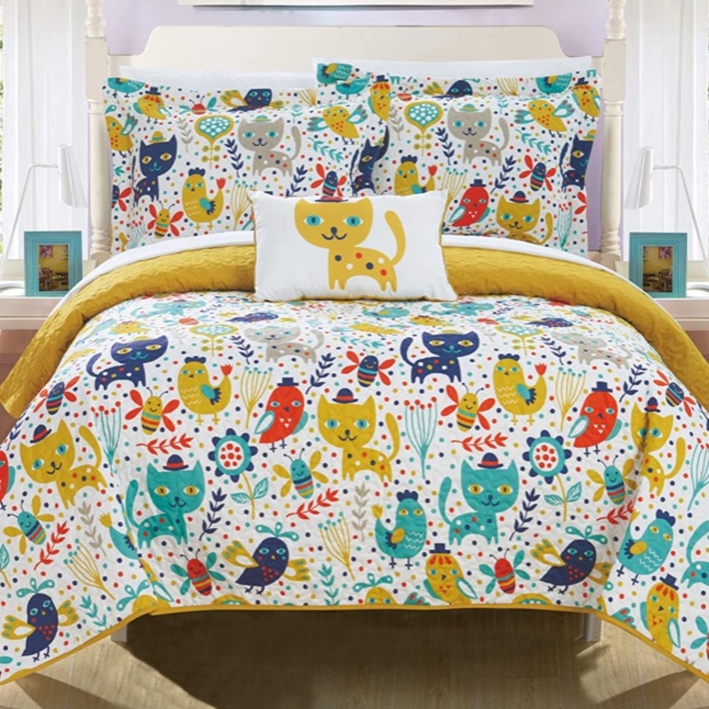 ๐ Cats yellow 3pc Full reversible quilt pillow case sham set - Picture 1 of 2